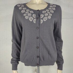 Boden gray floral embroidered cotton blend lightweight cardigan ladies size 12